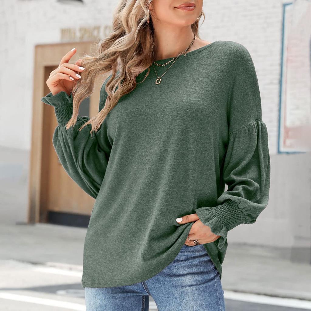 Женская модная повседневная однотонная блузка с длинным рукавом и круглым вырезом