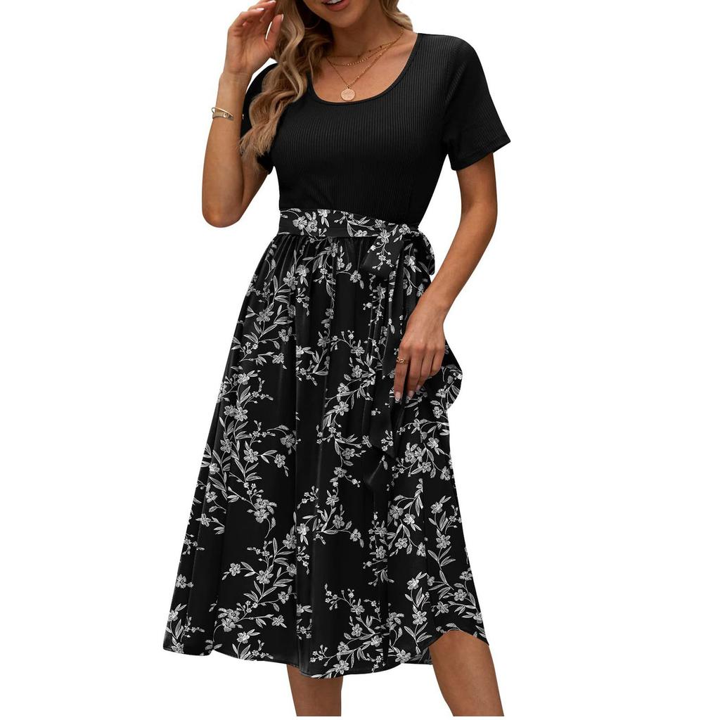 Платья миди, женское лоскутное платье с цветочным принтом, удобное повседневное вечернее платье с коротким рукавом и круглым вырезом