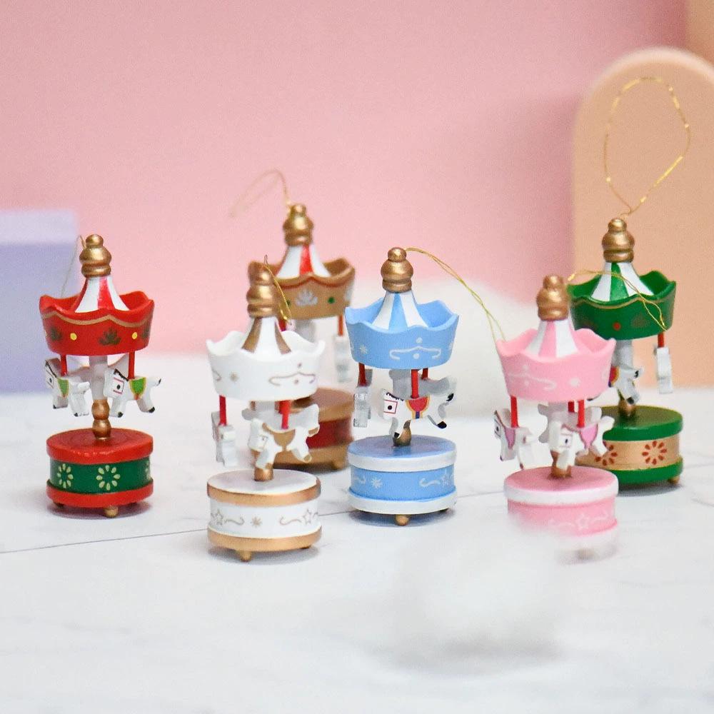 Christmas Wooden Carousel Horse Miniature Ornaments Christmas Tree Hanging Pendants New Year Gift Toy For Kid Home Party Decor