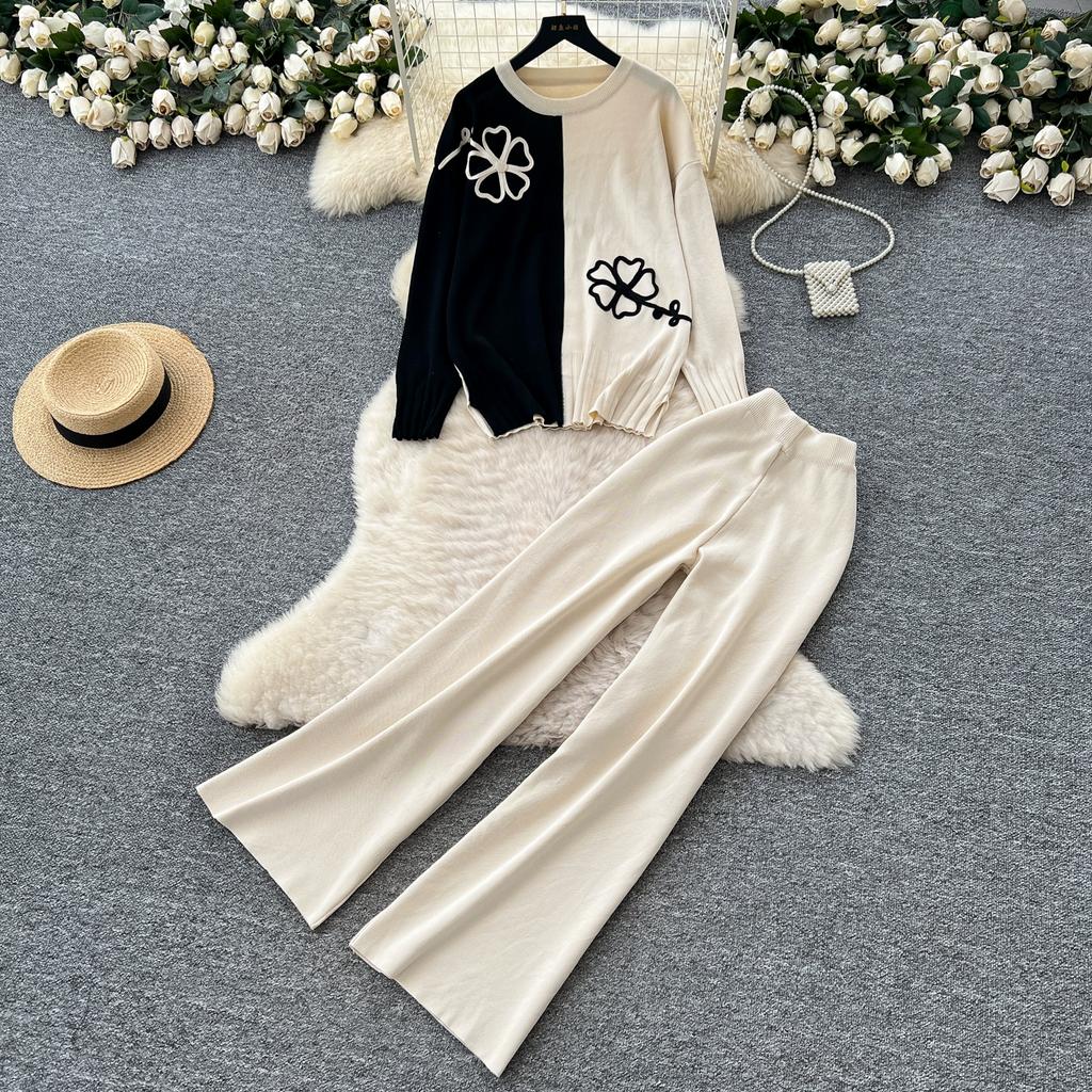 Autumn Winter Women Flower Pattern Knitted Sweater Trouser Two Piece Set O-neck Pullover Tops and Wide Leg Pant Tracksuit