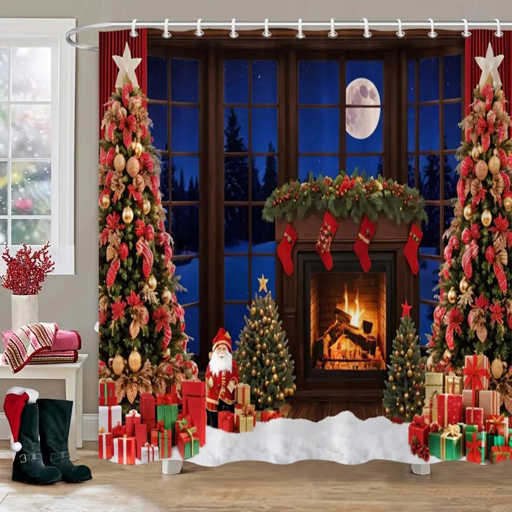Рождественская вечеринка Шторы для душа Камин Рождественская елка и подарки Снеговик Снежная сцена Моющаяся штора для душа Искусство Декор для ванной