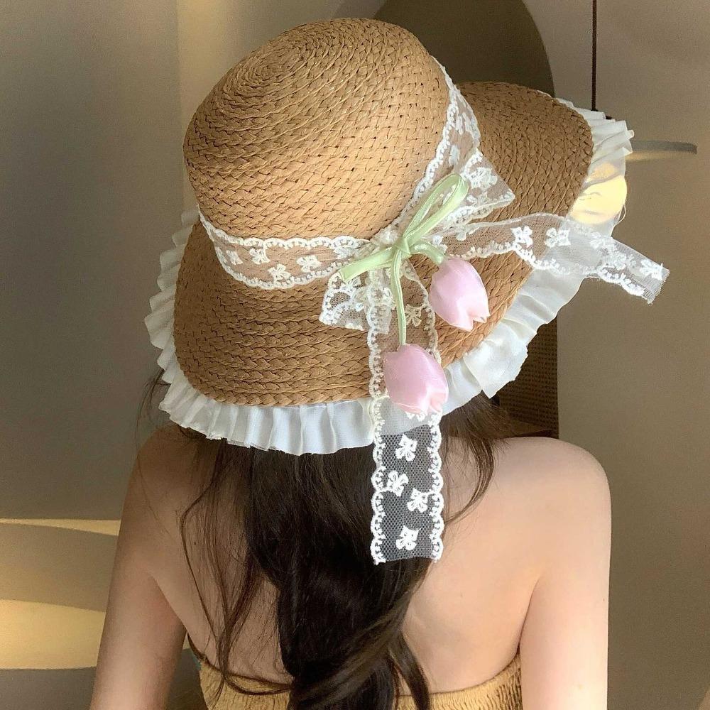 Кружевная шляпа от солнца в корейском стиле, шляпа-тюльпан с широкими полями и бантом, простая плетеная шляпа из соломы, для пляжа