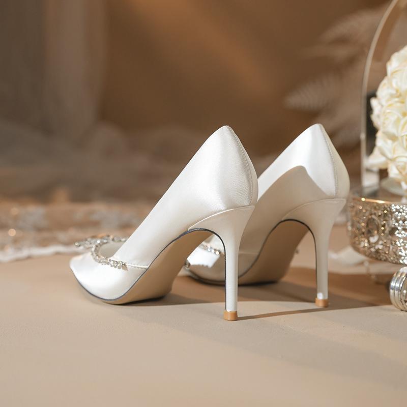 White Rhinestone High-heeled Shoes for Women 2025 New Pointed Thin Heel Satin French Wedding Dress Single Shoes Zaptos Mujer