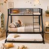Металлическая двухъярусная кровать 90x200 и 140x200 см, Выдвижная кровать 90x190 см, Семейная кровать Грузоподъемность до 550 кг, 3 спальных места, Наклонная лестница и Защита от падения, Черный