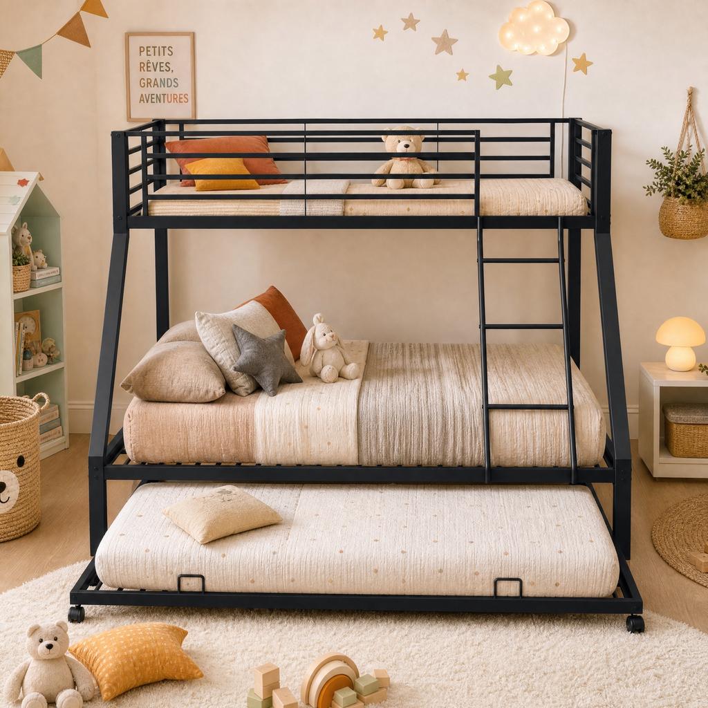Металлическая двухъярусная кровать 90x200 и 140x200 см, Выдвижная кровать 90x190 см, Семейная кровать Грузоподъемность до 550 кг, 3 спальных места, Наклонная лестница и Защита от падения, Черный