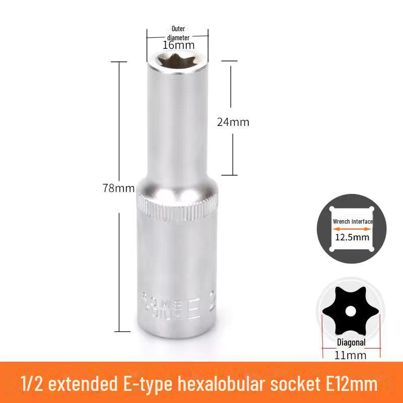 Metric 6-Point Flower-Shaped E-Type Socket Set: 1/2 Large, 3/8 Medium, 1/4 Small, Star Type.