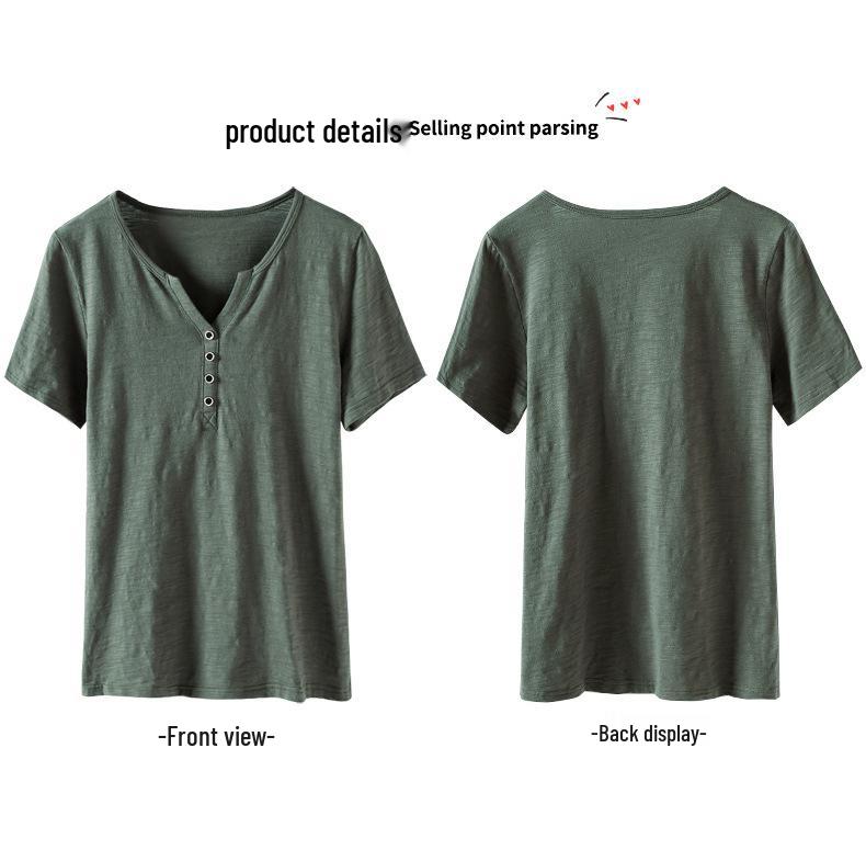 Женская летняя футболка 2024 года больших размеров в стиле ретро с V-образным вырезом и короткими рукавами - однотонная, простая, универсальная и модная.