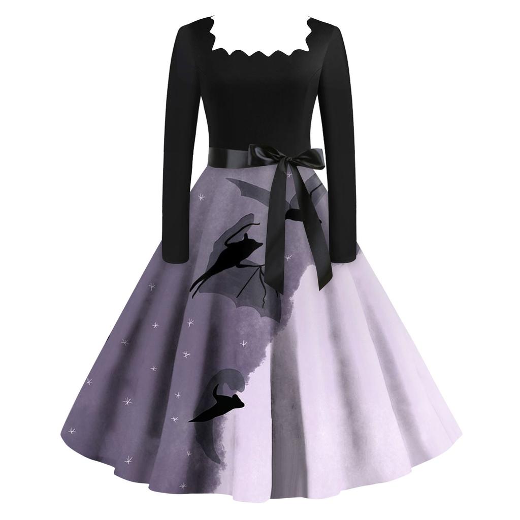 Женское повседневное модное винтажное платье с длинным рукавом и принтом на Хэллоуин