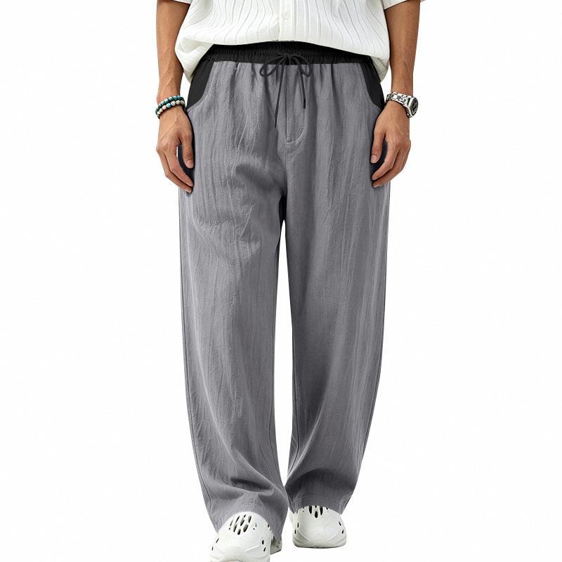 Men's Linen Breathable Straight-Leg Elastic Waist Casual Pants - Solid Color, Loose Fit, Spring/Autumn