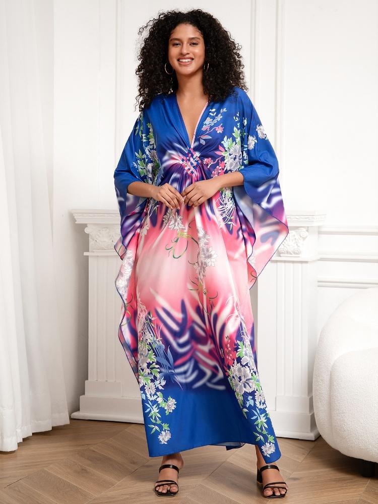 EDOLYNSA Classy Oversized Blue Bohemian Women's Kaftan Robe Holiday Party Dress Light jacket Swimsuit cover-up Lounge wear Q1289