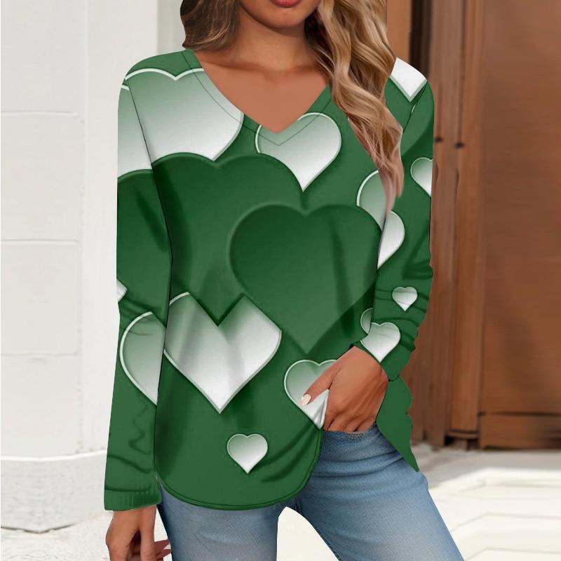 Весна Осень V-образный вырез с цифровым принтом повседневная свободная женская футболка с длинными рукавами пуловеры и длинные рукава (Женский)