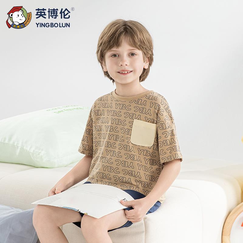 Yingbolun boys' pajamas summer pure cotton 10A children's short sleeved shorts set medium and large children's cotton home clothes