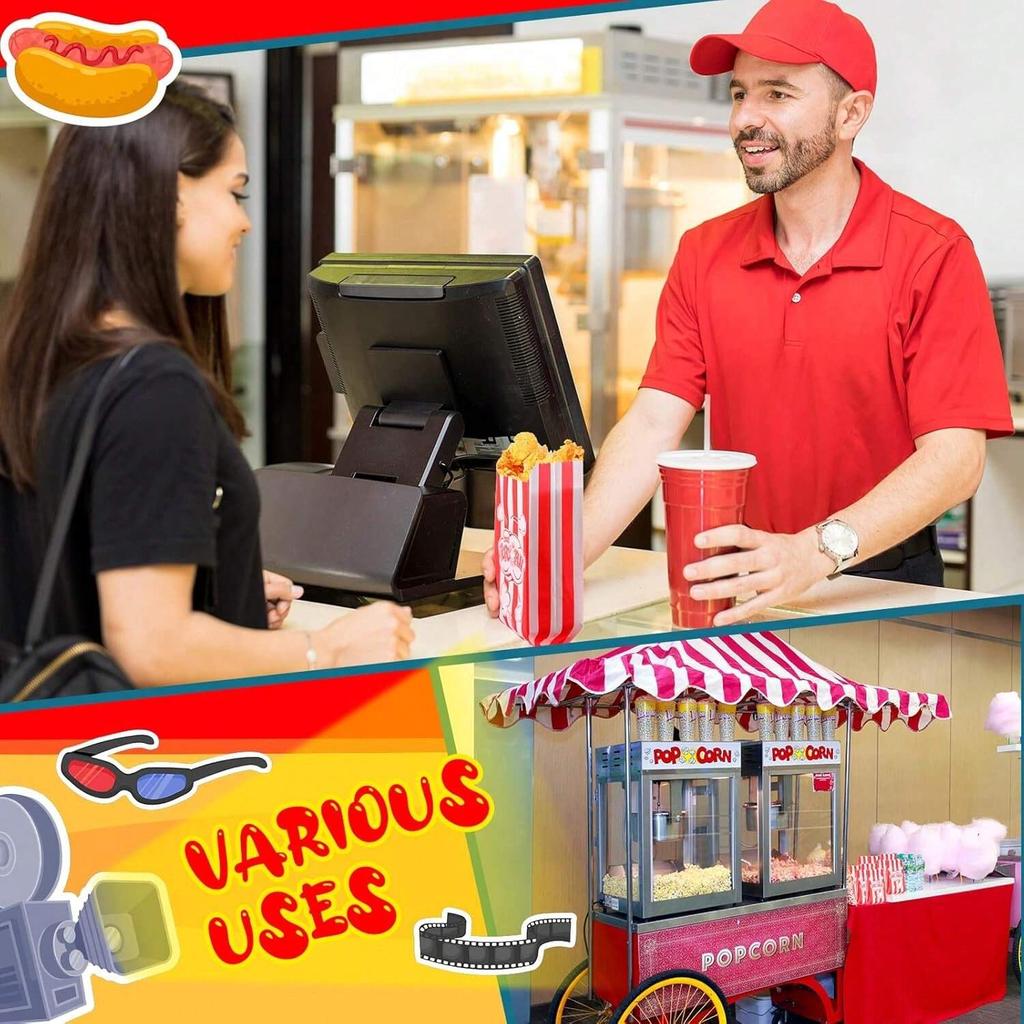 100pcs Popcorn Favor Bags Red Striped Candy Paper Bags Nougat Biscuit Bread Toast Bags For Snacks Goods Bag Movie Birthday Party