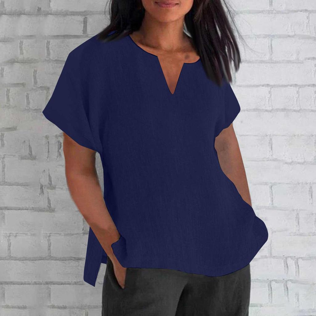 Women's Fashion Short Sleeve V-Neck Solid Colour Loose Casual Shirt Cotton Blouse