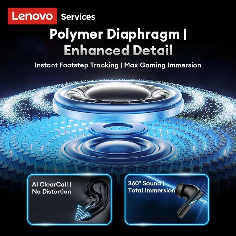 Lenovo Беспроводные игровые наушники GT100 – Bluetooth 6.0, сверхнизкая задержка 38 мс, четырехмикрофонная система с шумоподавлением на основе ИИ, кейс с RGB-подсветкой, 23 часа работы