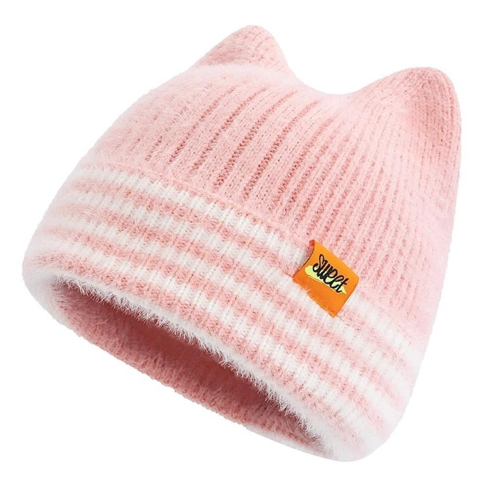Y2K Lovely Style Cat Ear Beanie Hat Candy Colors Stripes Pattern Winter Hats Sweet Design Warm Hats Winter Season