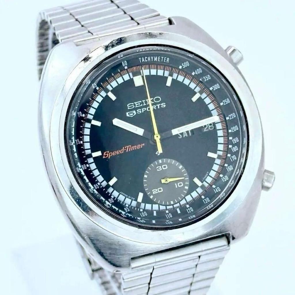 SEIKO 5 Speedtimer Автоматический Черный 1974 6139-7012 Хронограф, Ремешок, День-Дата, Циферблат, Серебристый