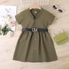 Модное платье для девочек, летнее детское однотонное платье-подъюбник квадратного кроя с эластичной резинкой и короткими рукавами, с поясом