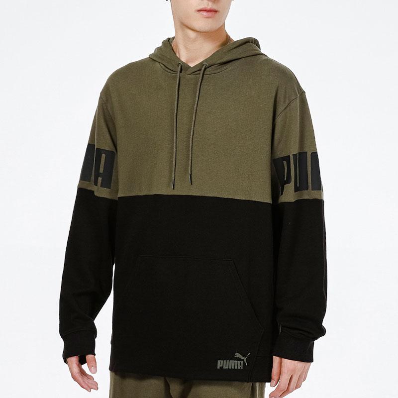 Puma Logo Print Color Block Sports Hoodie Men Tops Army-Green 847723-44