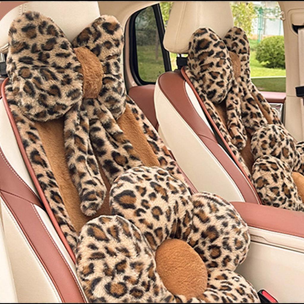 Bow Leopard Print Car Headrest Comfortable Breathable Car Seat Decoration Black Flower Plush Seat Cushion Cushion Back
