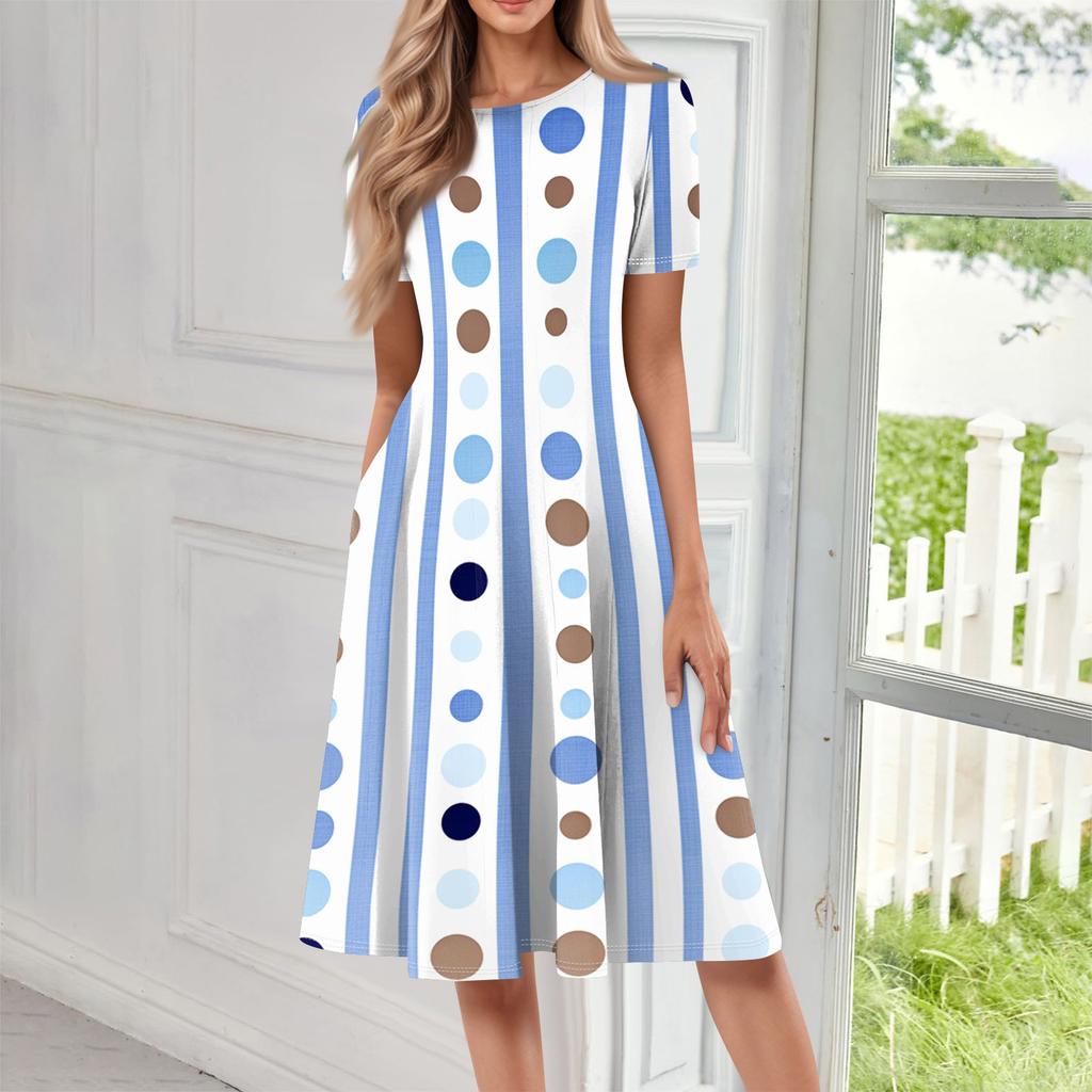 Женское повседневное платье с принтом, круглым вырезом и длинным рукавом