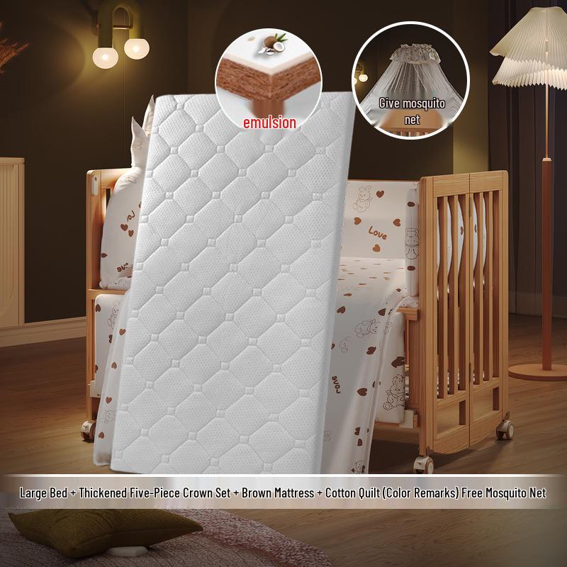 Movable Solid Wood Foldable Baby Crib, Unpainted, Multifunctional Newborn Bed