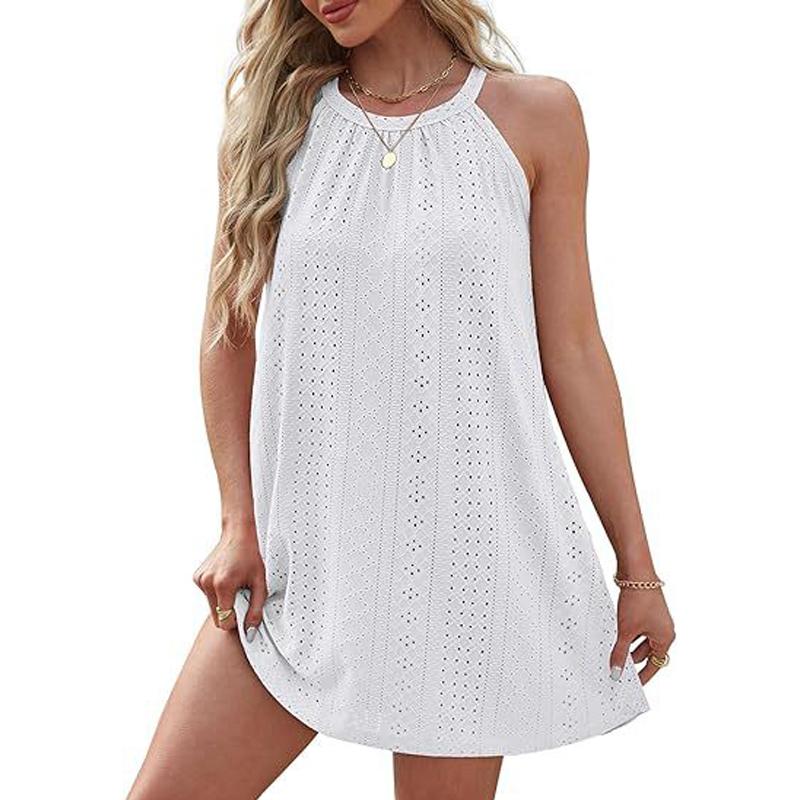 Летние женские платья, топы без рукавов с круглым вырезом и платье с лямкой на бретельках для женщин, жилет, однотонные пляжные платья