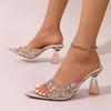 Fashionable Versatile High Heel Slippers Pointed Toe Rhinestone Decorated One-piece Strap Sandals Casual Elegant Ladies Shoes