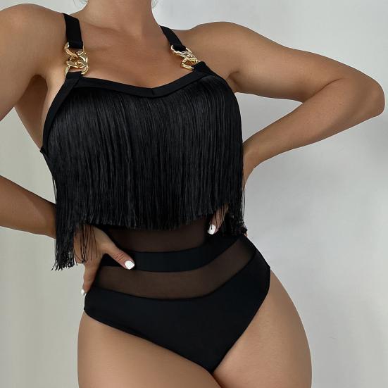 Женский сексуальный монокини слинг без рукавов с кисточками и декором купальник с сеткой, с открытой спиной, цельный бикини