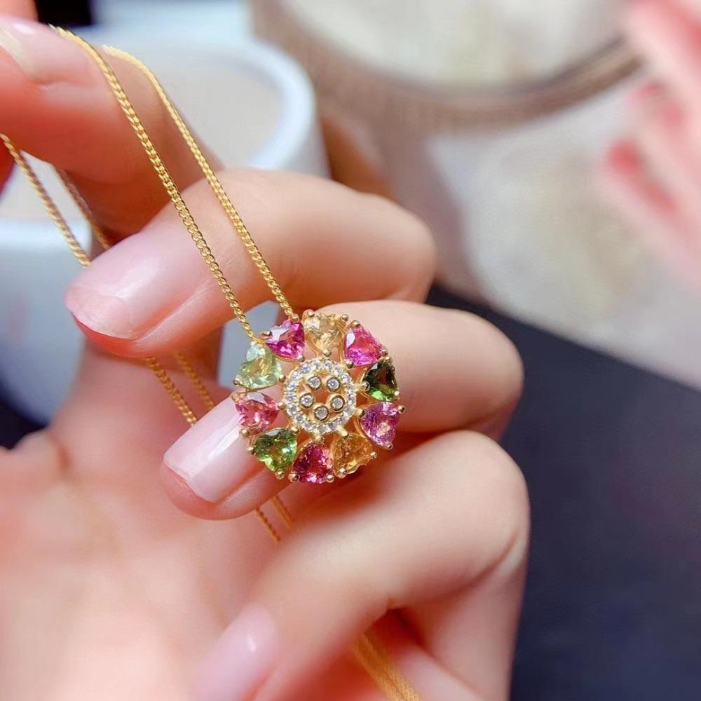 Rainbow Multicolor Tourmaline Pendant Necklace for Women Gradient Sparkling Candy Colored Gemstone Jewelry