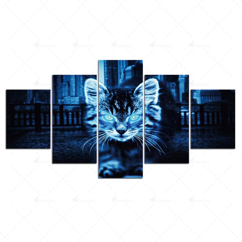 Canvas Painting Home Animal Decoration Wall Art Print Modular Cat Picture Modern Technology Poster For 5 Panel Living Room Frame