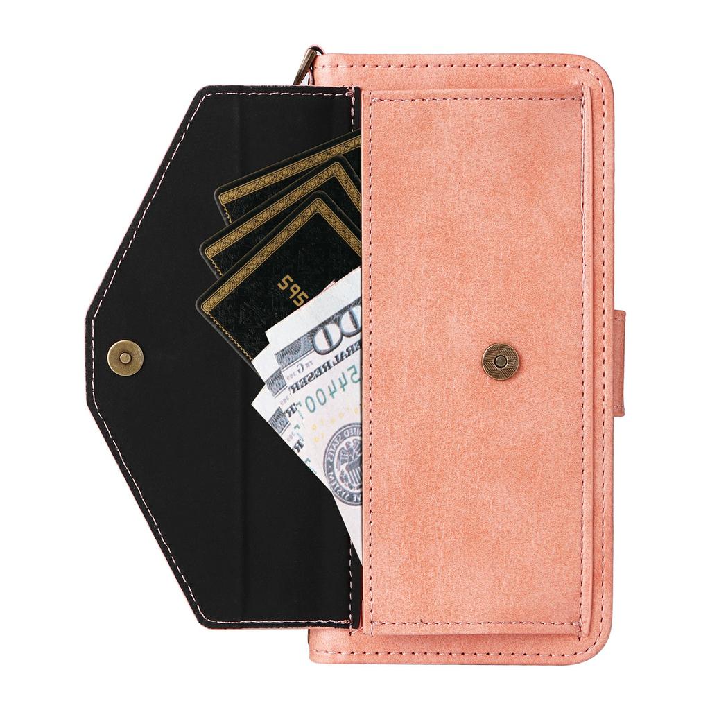 For iPhone 16 Pro Leather Case Magnetic Closure Wallet Stand Phone Cover with Crossbody Strap