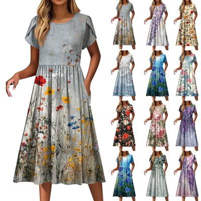 Женские модные повседневные свободные платья с круглым вырезом и карманами с коротким рукавом