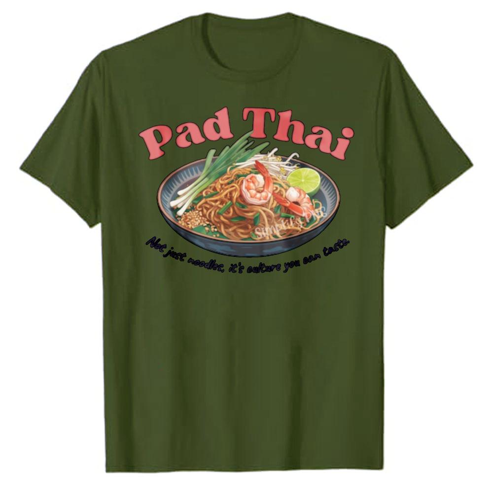 Watercolor Pad Thai Food Illustration Short Sleeve Crew Neck Cotton T Shirt Relaxed Fit Noodles Shrimp Lime Green Onions Tops