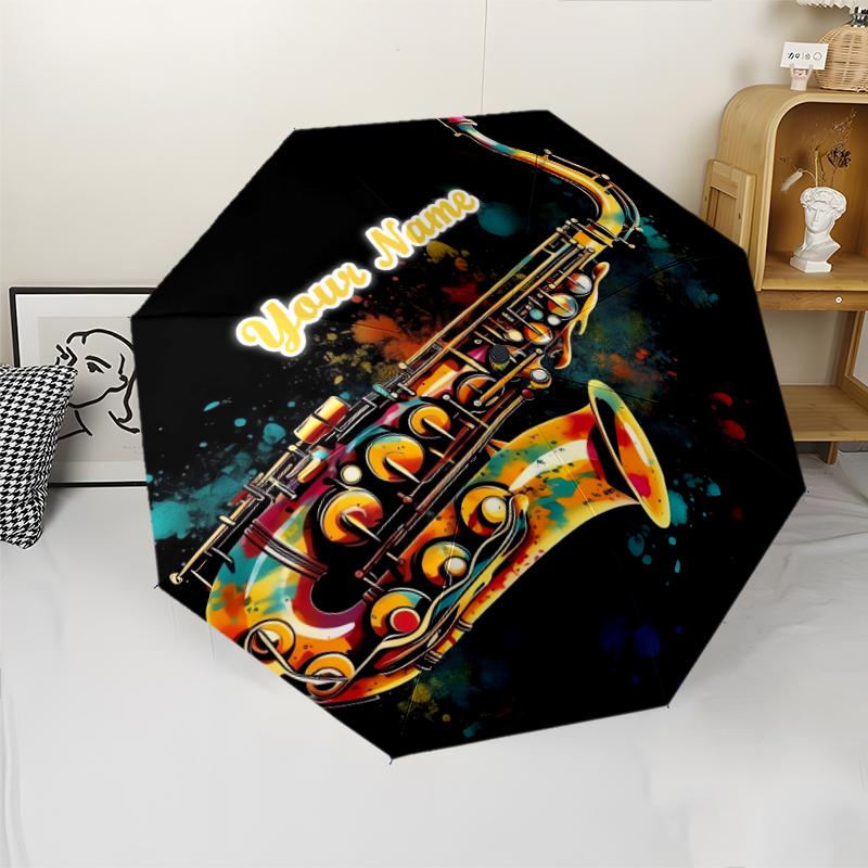 1PC Custom Name Colorful Saxophone Art Automatic Folding Umbrella Compact Travel Umbrella for Men & Women, Ideal Gift for Christmas, Birthdays, Hallow