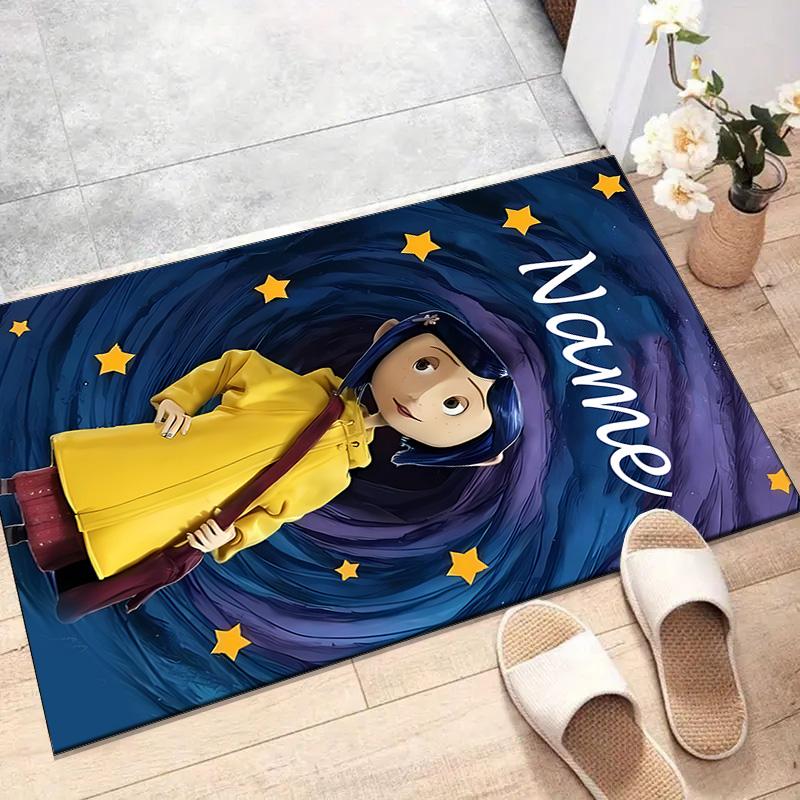 Custom Coraline Mat Personalized Name, Polyester Washable Indoor Entryway Rug, Gift for Christmas, Easter, Thanksgiving Day