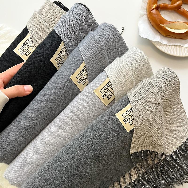 Thickened Double-Sided Fringed Scarf Pure Color Cashmere-Style Women'S Fashionable Student Two-Purpose Shawl Autumn Winter Korea