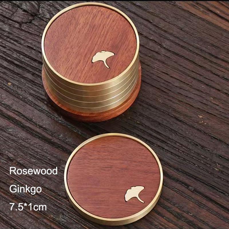 Набор подставок из розового дерева, круглый коврик из черного дерева, термостойкий коврик для чашки кофе, офиса, дома, кухни, с медным противоскользящим покрытием