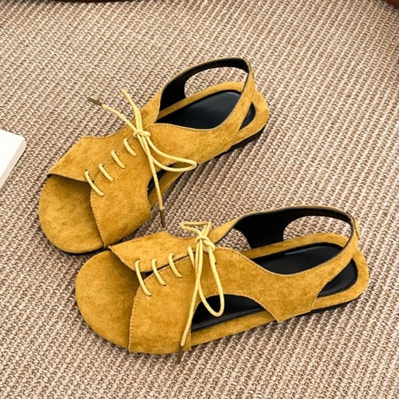 Модные босоножки с открытым носком и ремешками, женские, летние, новая мода, универсальные, винтажные, с квадратным носком, на шнуровке, на мягкой подошве, плоские, для улицы