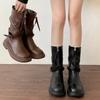 Pleated Buckle Knight Boots for Women Autumn Brown PU Leather Mid Calf Boots Woman Slip-On Thick Heel Riding Botas Mujer 2025