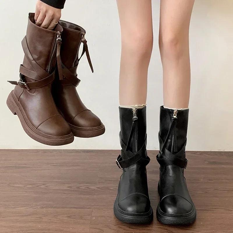 Pleated Buckle Knight Boots for Women Autumn Brown PU Leather Mid Calf Boots Woman Slip-On Thick Heel Riding Botas Mujer 2025