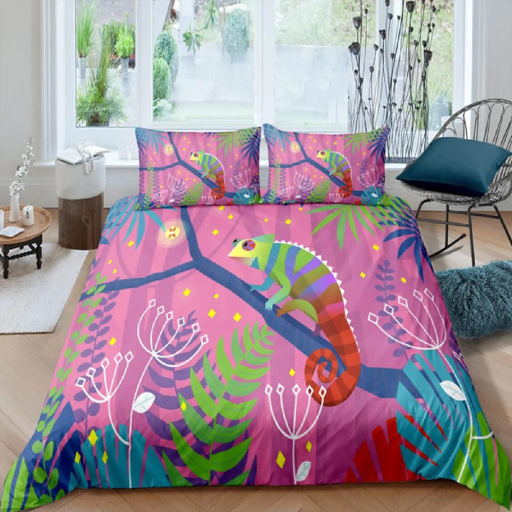 Chameleon Duvet Cover Set 3D Wild Animal Theme Twin Bedding Set Wildlife Comforter Cover Boys Green Leaf Polyester Quilt Cover