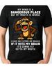 New Summer Men's Black Crew Neck Short Sleeve T-Shirt, Featuring a Fun Cartoon Print of a Mischievous Monkey Wearing Fashion Glasses on the Front,