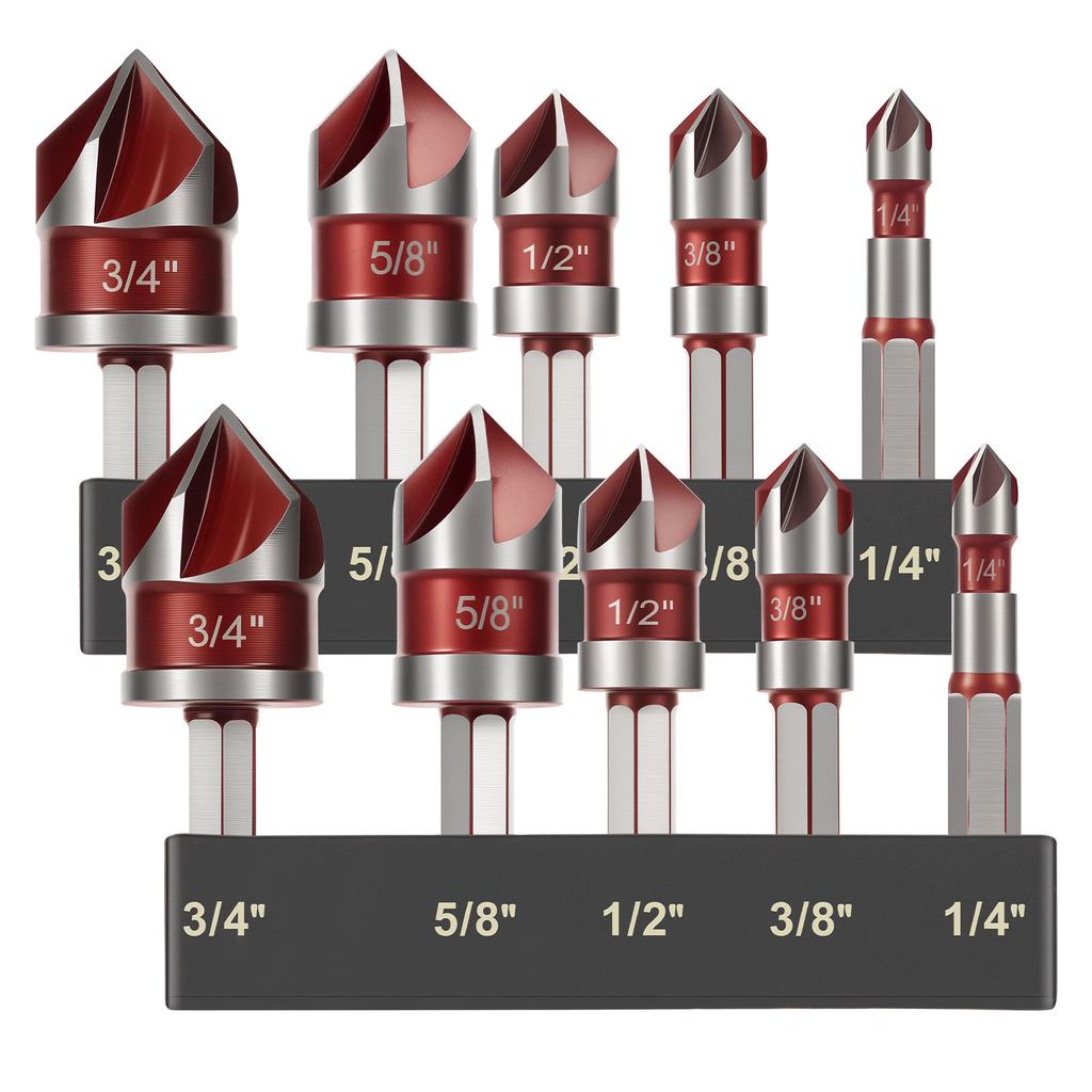 10 Flute Metal M35 Cobalt Countersink Drill Bit Set 82° 10pcs 1/4" Hex Shank Countersunk Bit Set 1/4” 3/8” 1/2” 5/8 With Holder