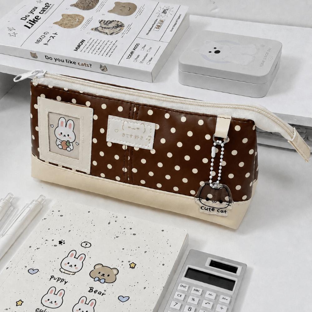 PU Leather Pen Bag Brown Pencil Pouch Waterproof Stationery Bag  School Office