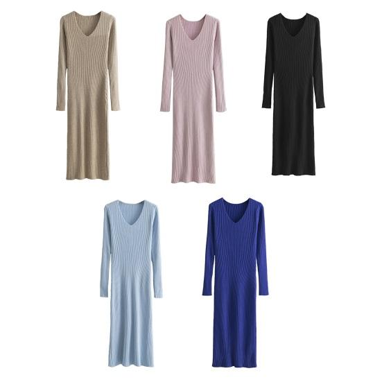 Женское платье-свитер осеннее с длинным рукавом, V-образным вырезом, в рубчик, с разрезом, длинное платье, повседневное облегающее платье миди