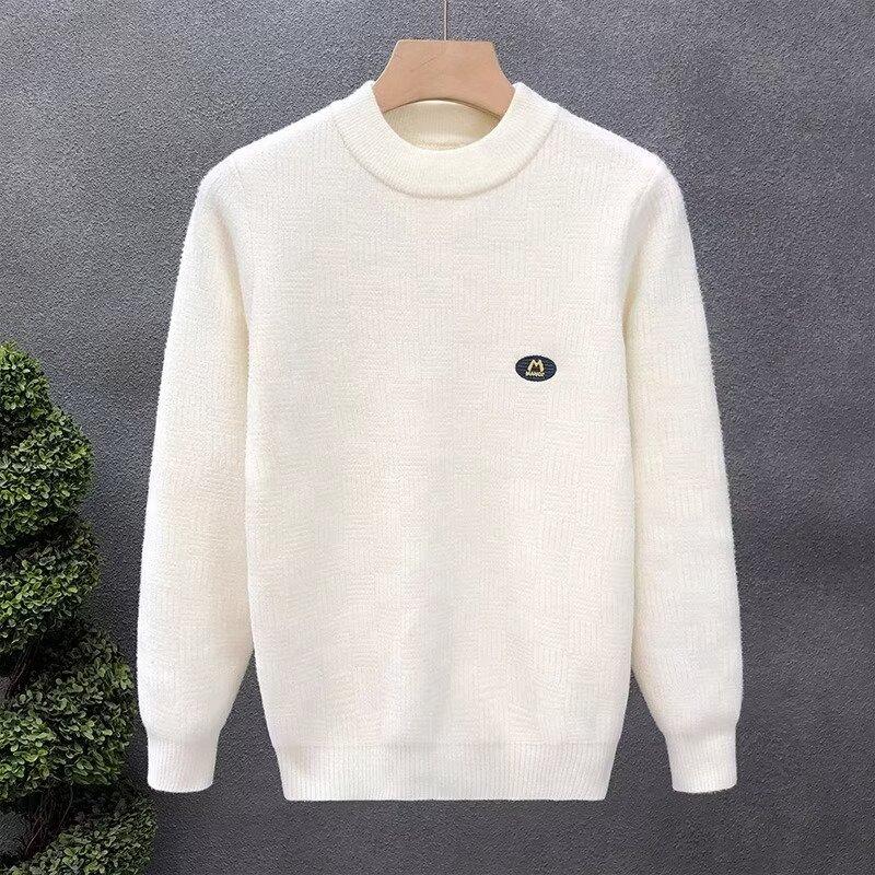 Цельный бархатный свитер, мужской утолщенный теплый мужской свитер на флисовой подкладке, модный круглый вырез, повседневная рубашка с вышивкой, модная