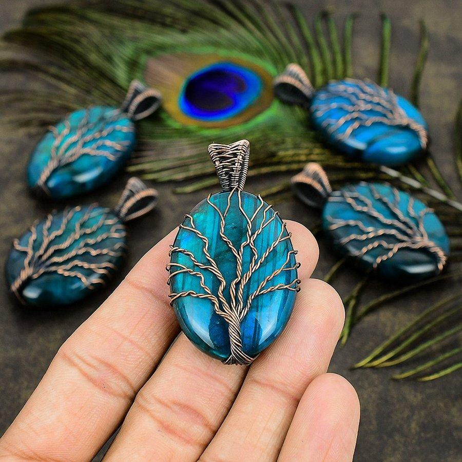 Натуральный синий лабрадорит, медная проволока, подвеска в подарок 2,29" C1U86