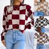Women's Autumn Winter Plaid Color Block Sweater Street Long Sleeve Knit Pullover Loose Top