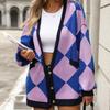 IHUASU Женский осенне-зимний кардиган с V-образным вырезом и ромбовидной решеткой, свободная вязка, куртка, джемпер